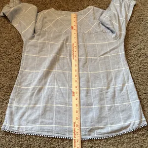 Christopher & Banks Blue Windowpane Plaid Crochet Lace Pom Pom Blouse Small thumbnail 7