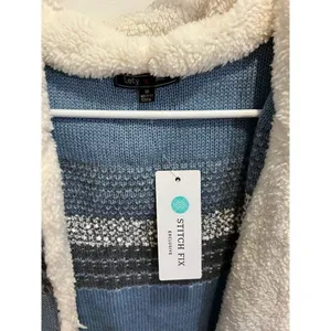 Lety Me Zola NWT Medium Blue Hood Teddy Plush Sherpa Trim Faux Fur Cardigan Fall thumbnail 2