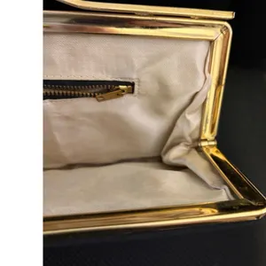 Vintage Black Satin Evening Clutch‎ Bag Gold Tone Frame Wavy Top Bar Formal thumbnail 3
