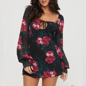 Princess Polly Bayford Long Sleeve Mini Dress Red Black Roses US Size 6‎ NWT thumbnail 3