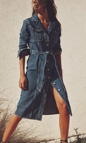 denim jean dress midi button up long sleeve waist tie thumbnail 3