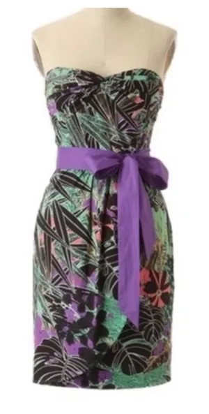 Edme & Esyllte Tropical Botanical Strapless MiniDress Purple Sash Green 2 Resort thumbnail 1