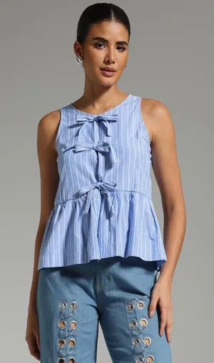 Amazon Blue Pinstripe Tie Front Peplum Top Size M Babydoll Blouse Cottagecore Summer thumbnail 1
