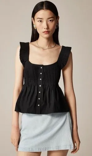 NWT!! J. CREW Pintuck Peplum Top Blouse Solid Black Cotton‎ Poplin Pleated 3X thumbnail 1