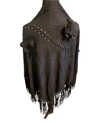 Janice Black Faux Suede Floral Fringe shawl Wrap One Size NWT thumbnail 4