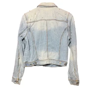 Jessica Simpson Women Large Pearl Embellished Distressed Denim Jacket Light Wash thumbnail 2