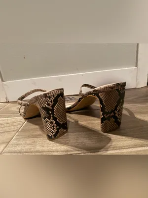 Snake-Print Strappy Block Heel Sandals in Beige/Black thumbnail 4