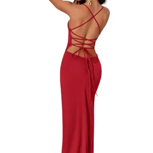 SheIn Lace Up Backless Split Thigh Cami Dress in Red, Size S thumbnail 2