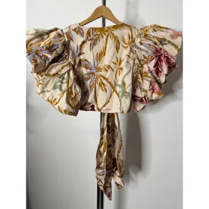 Eugenia Fernandez Tropical Puff Sleeve Wrap Crop Top Pink Mustard XS thumbnail 4