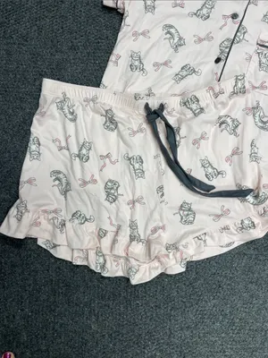 Womens Pink gray cat pajama sleepwear set short sleeve short size XL kitty thumbnail 2