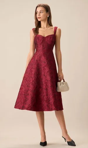 RIHOAS The Red Sweetheart Neck Jacquard Midi Dress M thumbnail 1