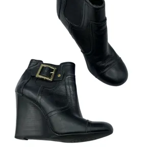 Tory Burch Black Leather Ankle Boots Wedges Womens 5 Booties Luxury Gold Buckle thumbnail 2