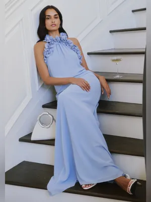 NWT Few Moda Marie Dress size Small S dusty blue ruffle maxi halter o.p.t thumbnail 4