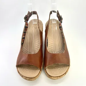 Crocs A-Leigh Brown Leather Cork Wedge Sandals Slingback Peep Toe Comfort Size 8 thumbnail 5
