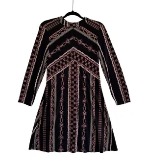 Free People Boho Geometric Print Long Sleeve A-Line Mini Dress Lined sz M thumbnail 1