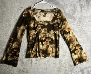 Vintage Y2K Ruched Blouse Boho Fairy Grunge‎ Long Flare Sleeve Indie Sleaze Med thumbnail 1