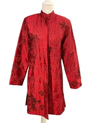 Vintage Anage Red Silk Beaded Sequins Kimono Jacket Sz S Artsy Boho Embroidered thumbnail 1