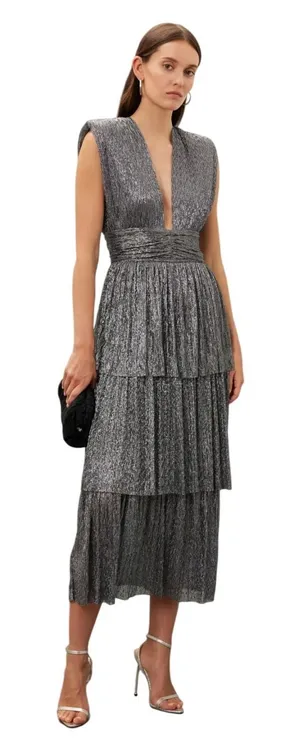 Sabina Musayev Bonita Dress Metallic Tiered Midi Plunge Sleeveless‎ Size XS thumbnail 1