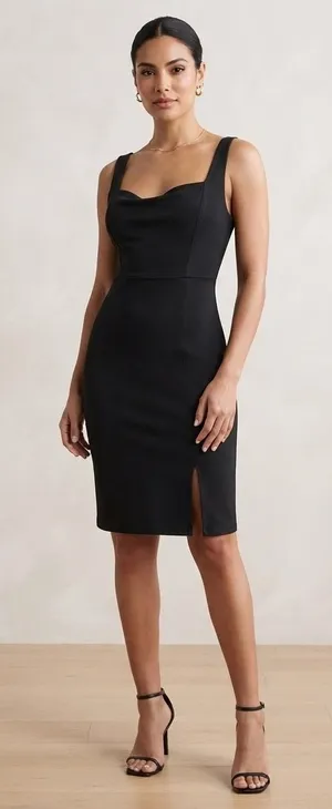 Lulus Women Dress Medium Black Bodycon Cowl Neck Front Slit Midi JD10964 thumbnail 1