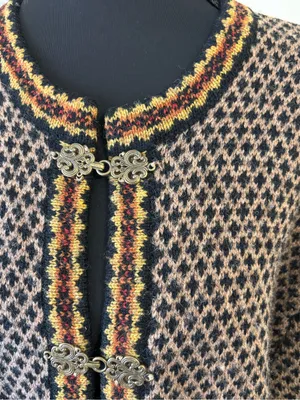 Vintage Skyr 100% Wool Nordic Fair Isle Cardigan Sweater M Clasp Apres Ski Brown thumbnail 2