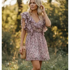 Anthropologie ARYN K. Dress Ruffles Y2K Blouson Sheer Lined Floral Fairy Boho SZ Sm Pinks thumbnail 9