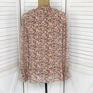Loft Ann Taylor Ruffle Trim Tie Neck Floral‎ Chiffon Blouse Large Beige Pink thumbnail 4