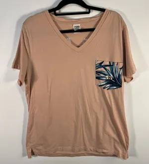 Victoria's Secret PINK V-Neck Pocket T-Shirt Peach Tropical Sequin‎ Back Large thumbnail 1