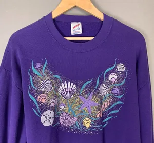 Vintage 90s Sweatshirt Seashells Glitter Gold‎ Ocean Women Size Large Purple Top thumbnail 1