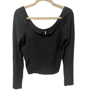 Free People Size Medium Black Ribbed V Neck Long Sleeve Scoop Top thumbnail 1
