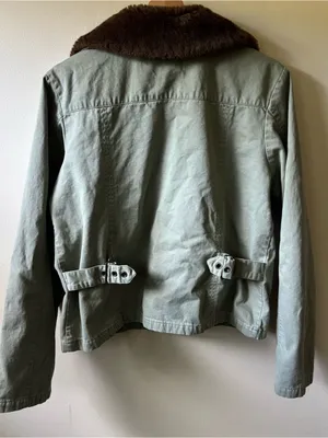 Olive Green Cotton Jacket with Brown Faux Fur Collar Size L thumbnail 5