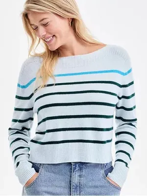 Charter Club 100% Cashmere Pop Stripe Boat-Neck Sweater Size Large thumbnail 1