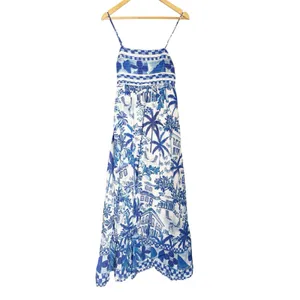 Farm Rio Sweet Blue White Tropical Coastal Beach Print Resort Vacation Dress L thumbnail 4