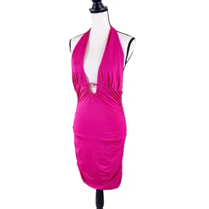 Amazon Hot Pink Halter Ruched Bodycon Dress Silver Ring Detail Size Medium thumbnail 5