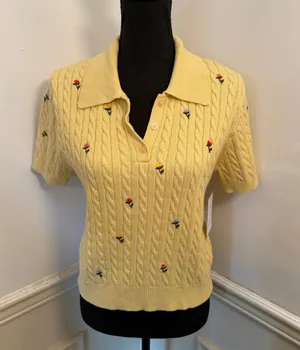 NWT Calligraphie Yellow Cable Knit Floral Embroidered Sweater Polo Top Cottage thumbnail 1