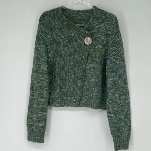ONE GIRL WHO Sweater Women's M/L‎ Green Blue Flecked Ribbed One Button Cardigan thumbnail 3