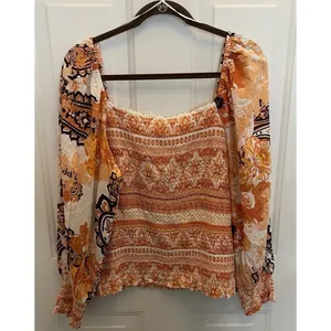 Cato‎ Orange Floral Smocked Crop Balloon Sleeve Top Boho Festival Womens 18/20 thumbnail 2