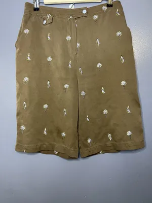 Vintage Bobby Chan Bermuda Shorts Womens 10 Brown Silk Palm Hawaiian Embroidered thumbnail 3