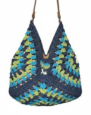 Boho Crochet Granny Square Shoulder Bag Blue Green Woven Hobo Tote Magnetic Snap thumbnail 1