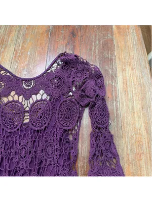 Free People Purple Crochet Lace Mini Dress Double Tie Back Tassel Bell Sleeve Sm thumbnail 4