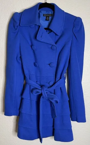 INC Womens Small Trench Coat Blue Puff Shoulder Ruffle Hem Double Breasted Chic thumbnail 1