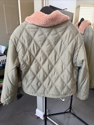 Forever 21 Olive Quilted Bomber Jacket with Pink Sherpa Collar thumbnail 2