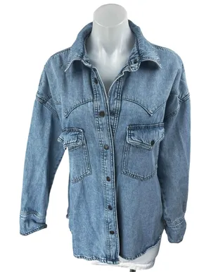 Mango MNG Blue Long Sleeve Collar Button Down Denim Jean Trucker Coat Jacket S thumbnail 1