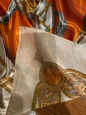 VINTAGE Equestrian ivory/ORANGE Horses&Tassels Print silky Scarf 35’/35’ thumbnail 20