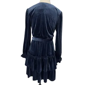 Baltic Born Navy Blue Velvet Faux Wrap Tiered Mini Dress Long Sleeve Size M thumbnail 6
