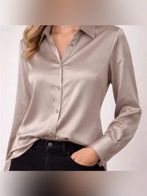 Maison d’Amélie Paris Taupe Satin Button Front Blouse women’s Size M(A204)&✨ thumbnail 2