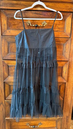 Anthropologie Maeve Tulle Tiered Midi Dress Black Spaghetti Strap Balletcore NWT Medium thumbnail 1
