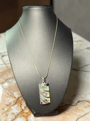 Abalone Paua Shell Inlay Rectangle Pendant Necklace Gold Tone Snake Chain Boho thumbnail 3