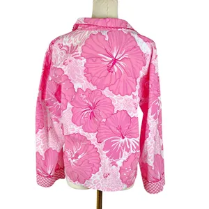 Lilly Pulitzer Button Down Pajama Shirt Top Pink Hibiscus Gingham Ric Rack MED thumbnail 2