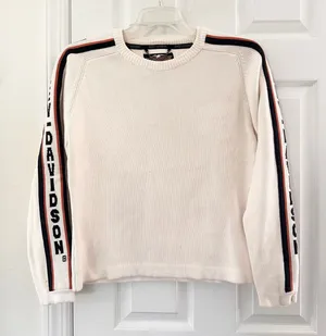 Harley Davidson Women Ivory Spellout Sleeve Ribbed Heavy Knit Sweater XL Y2K thumbnail 1