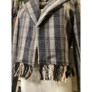 OAT New York Women Small Grey Plaid Cropped Fringe Hem Jacket 9057-GQ thumbnail 2